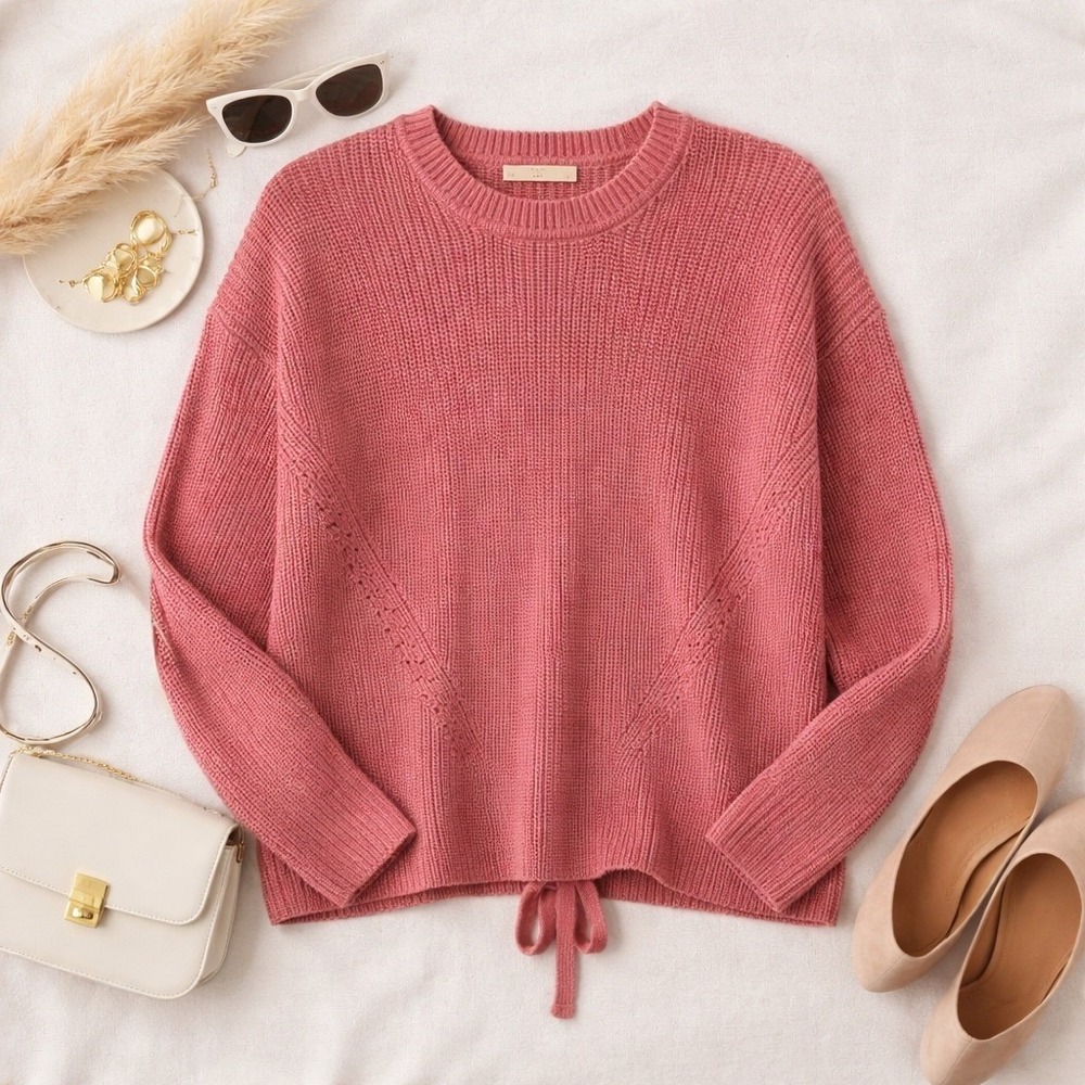 Lucky Brand Pink Cotton Lace Up Back Sweater S Boho Cottagecore Balletcore Cozy